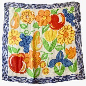 Vintage Fruit Flower Power Scarf Shawl Chiffon 34 X 34" Grapes Apple Tulips